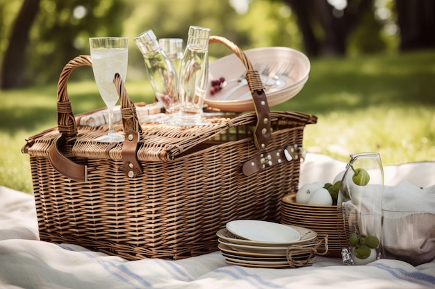 Cesta de picnic de verano llena de elementos esenciales de picnic, incluidos platos, copas de vino y utensilios