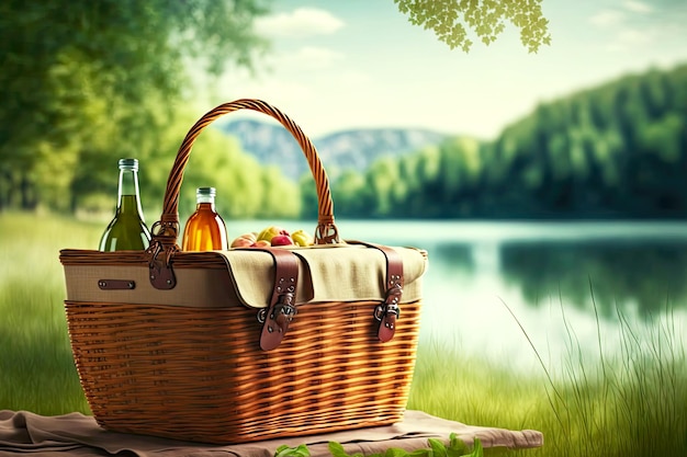 Cesta de picnic de verano con vino y fruta junto al lago