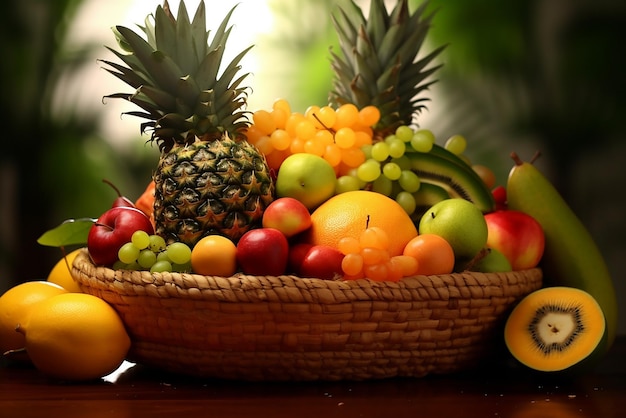 Cesta rebosante de frutas tropicales con suaves efectos de iluminación que evocan un ambiente alegre y fresco.