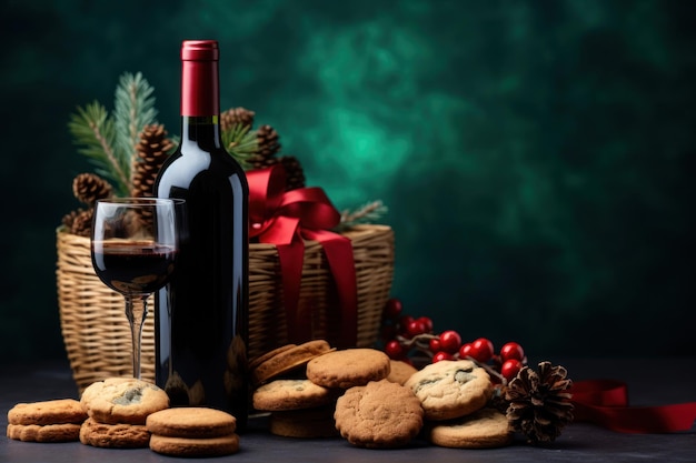 Cesta de regalo de Navidad con botella de vino espumoso galletas de chocolate ramas de abeto IA generativa