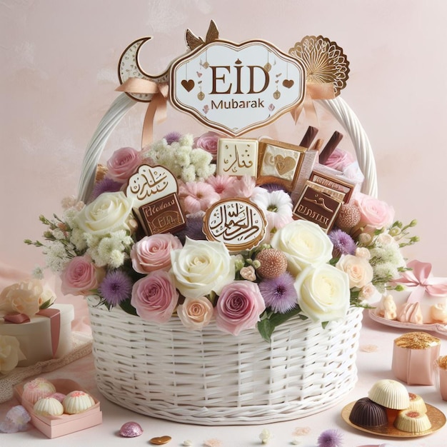 Cesta de regalos de flores y chocolates para el Eid