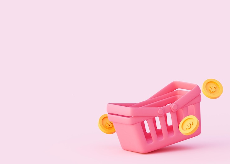 Foto cesta rosa 3d para fazer compras no supermercado com ilustração de renderização em 3d de moedas