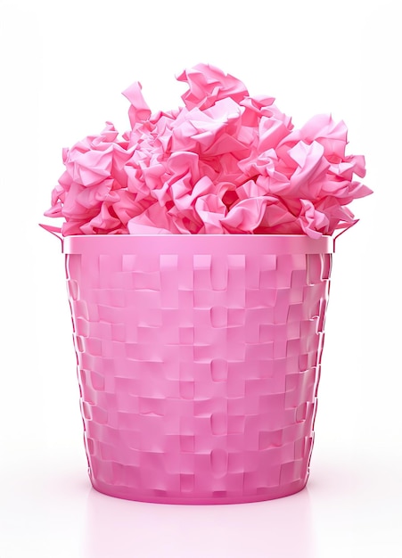 Cesta rosa cheia de papel rosa amassado isolado em branco generativo ai