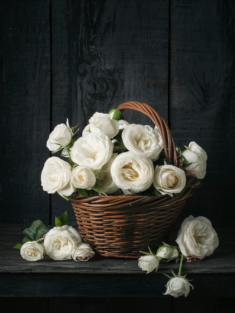 Foto cesta con rosas blancas sobre un antiguo fondo de madera negra