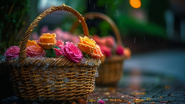 Una cesta de rosas está cubierta de gotas de lluvia y está rodeada de flores.