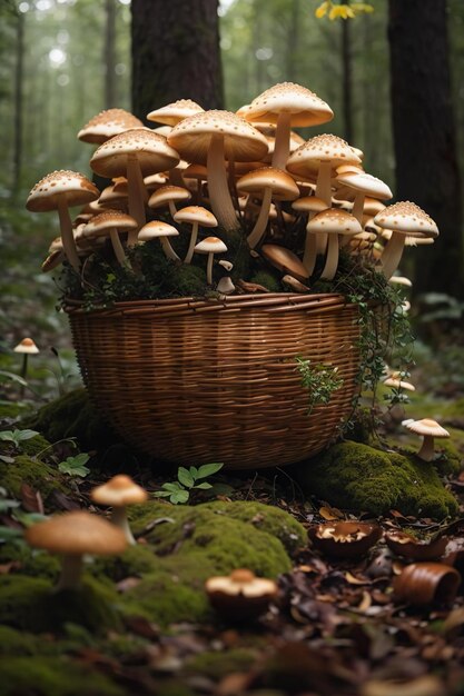 una cesta de setas situada en el borde verde del bosque