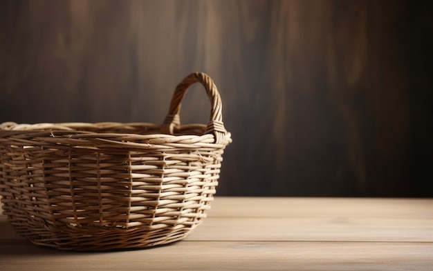 Cesta sobre una mesa de madera con un fondo oscuro