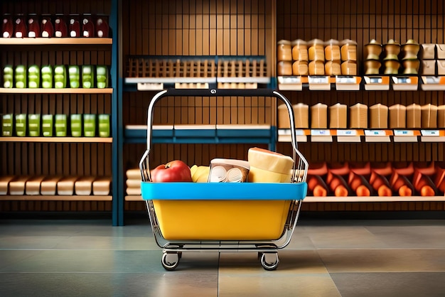 cesta de supermercado con icono de ubicación en realista 3d render concepto de compras compras de mercado