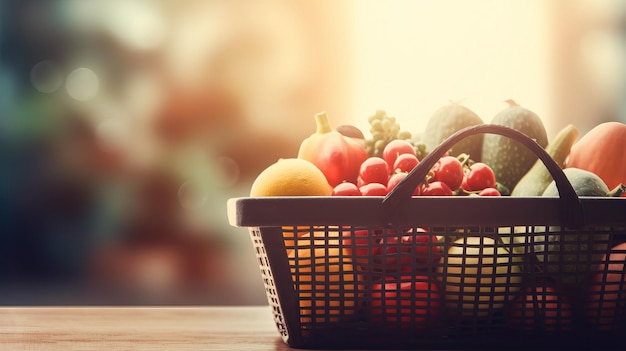 Cesta de supermercado llena de frutas y verduras con espacio de copia