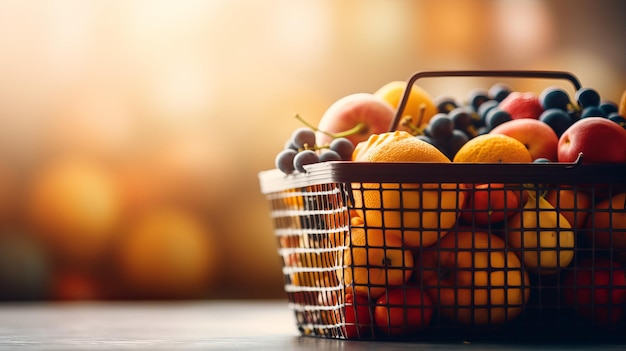 Cesta de supermercado llena de frutas y verduras con espacio de copia