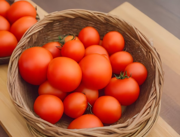 Una cesta de tomates está sobre una mesa.