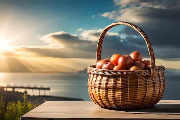 Cesta de tomates en una mesa con un atardecer de fondo