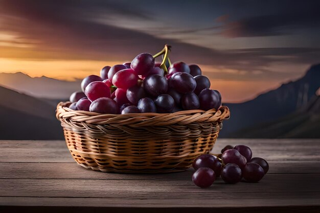 Una cesta de uvas con un atardecer de fondo