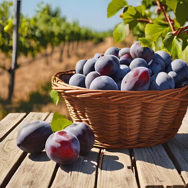 una cesta de uvas con una cesta de mimbre en una mesa