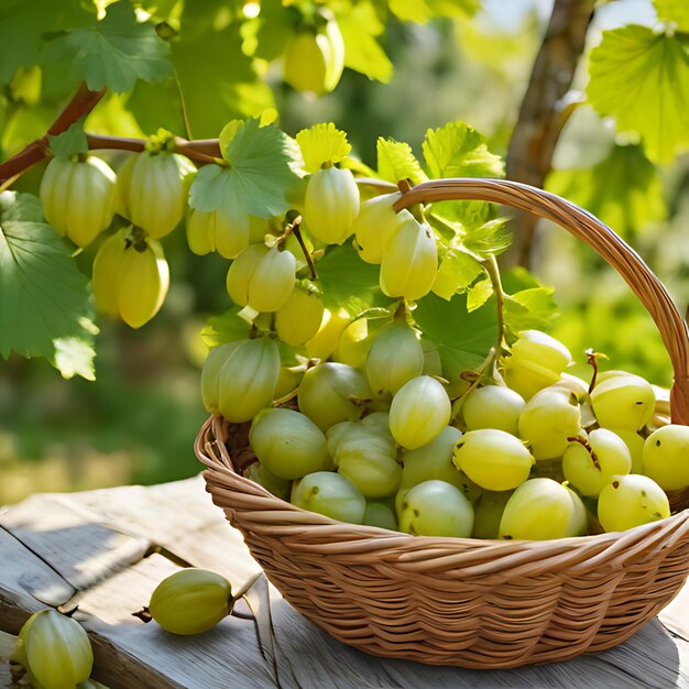 una cesta de uvas con una cesta de mimbre de uvas