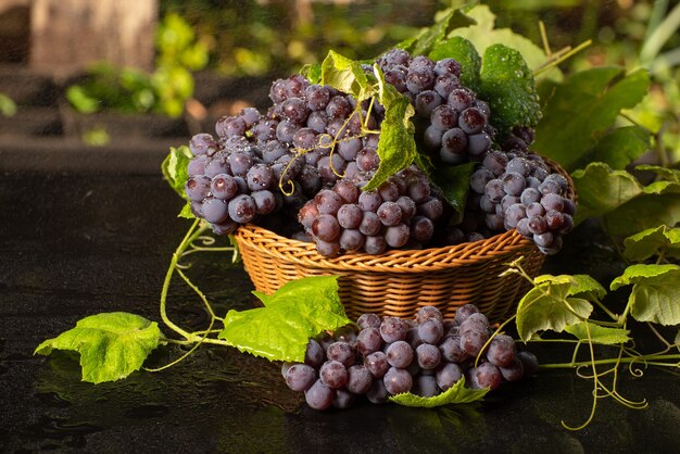 Cesta de uvas y hojas sobre la superficie reflectante oscura