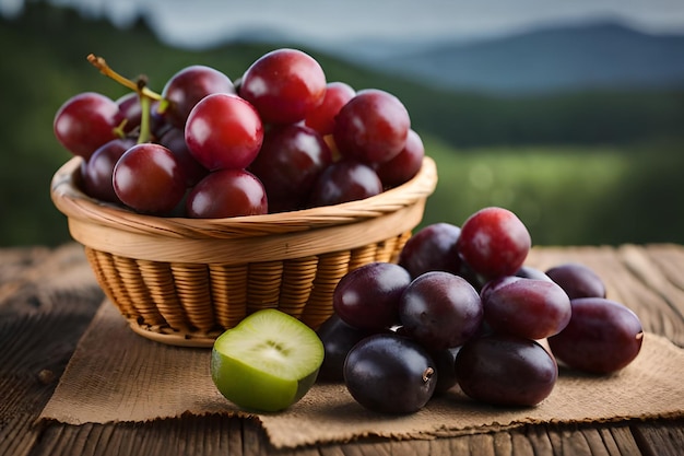 Una cesta de uvas y una manzana verde.