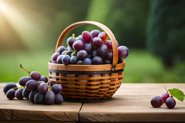 Una cesta de uvas en una mesa