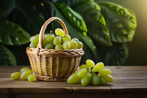 Una cesta de uvas en una mesa