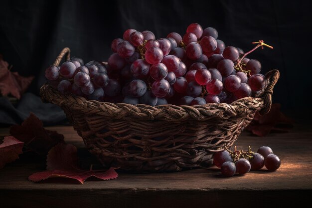 Una cesta de uvas en una mesa