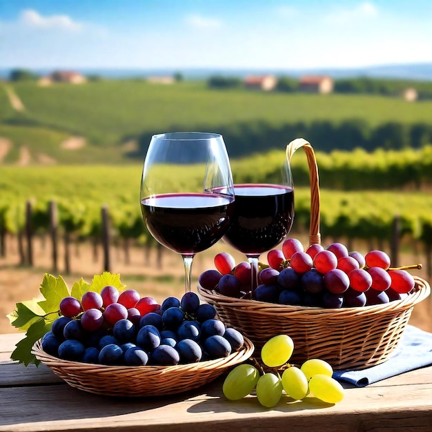una cesta de uvas y un vaso de vino al lado de una cesta de mimbre de uvas