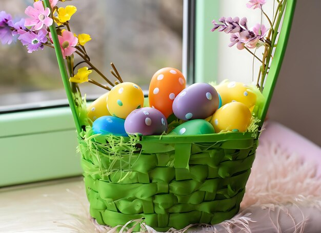 Cesta verde de Pascua con huevos de plástico de colores en el alféizar de la ventana contra el fondo de flores