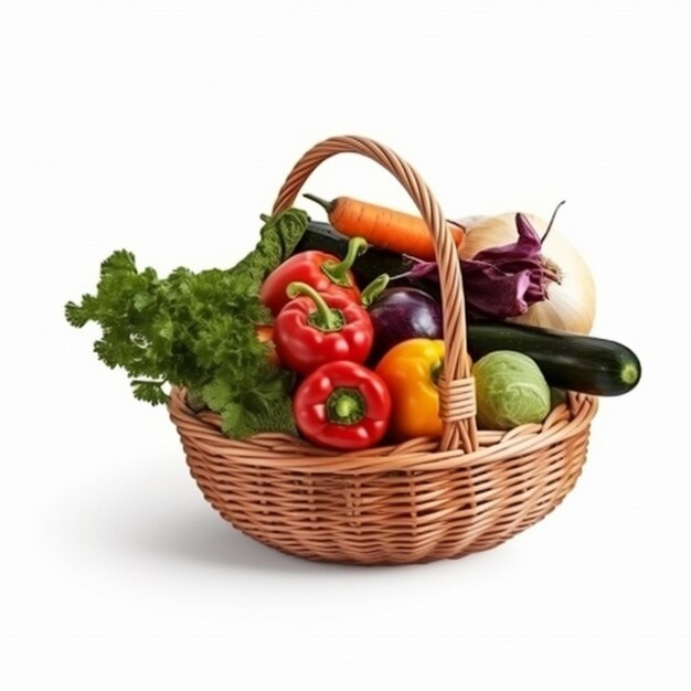 Una cesta de verduras con un fondo blanco.