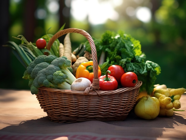 cesta con verduras frescas sobre un fondo natural