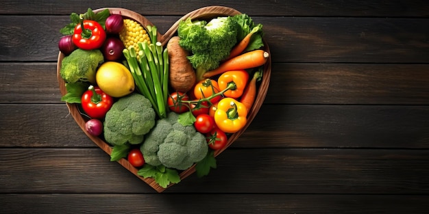 una cesta de verduras y frutas sobre un fondo de madera