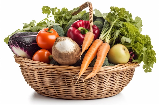 Una cesta de verduras se muestra sobre un fondo blanco.