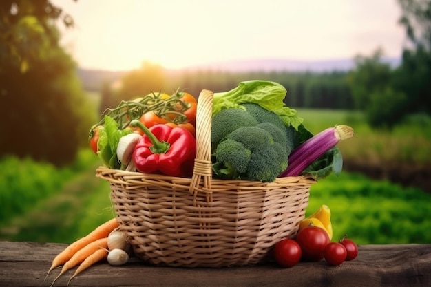 Cesta de verduras en el suelo con fondo de granja