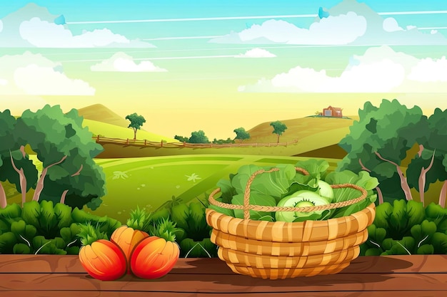 Foto cesta de verduras en el suelo con fondo de granja