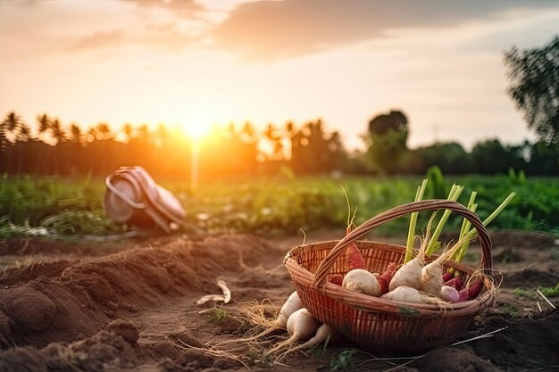 Cesta de verduras en el suelo con fondo de granja