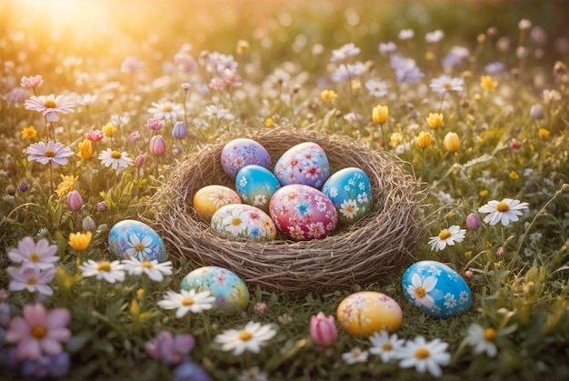 Una cesta vibrante llena de huevos de Pascua coloridos perfecta para diseños con temas navideños