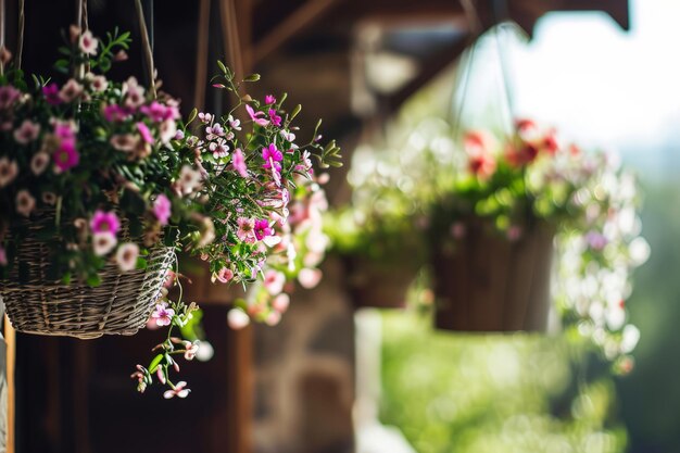 Cestas colgantes con flores primaverales en flor. IA generativa