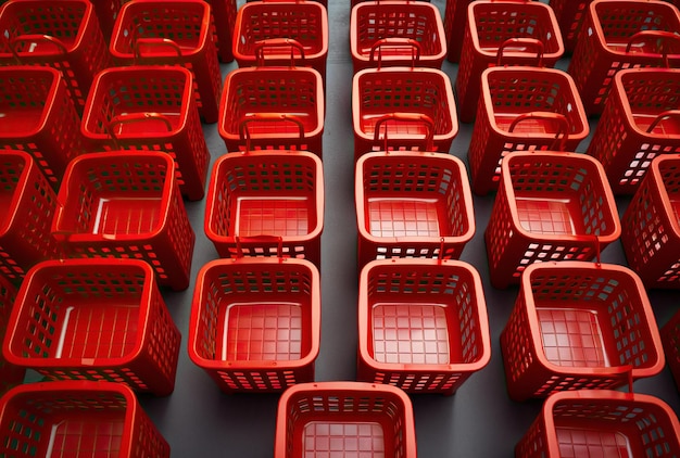 Cestas de compras rojas para supermercados y comestibles concepto de comercio electrónico