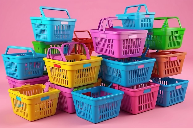 cestas de compras multicoloridas em um fundo rosa compras 3D renderização