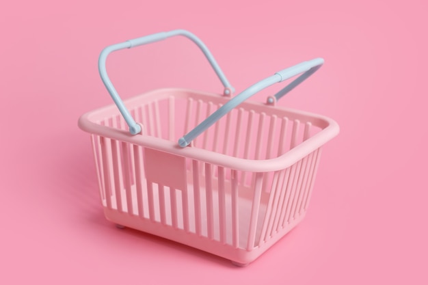 Cestas de compras plásticas coloridas, cesta de supermercado rosa e azul vazia sobre fundo rosa pastel, design minimalista criativo, compras online, sexta-feira negra, desconto, publicidade e conceito de venda.