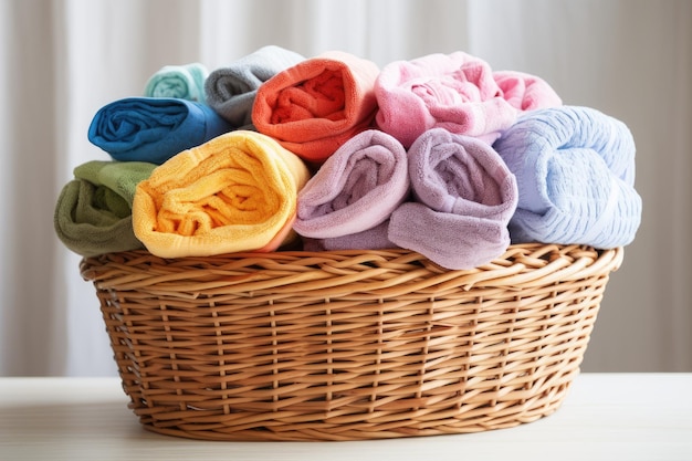 Cestas de vime contendo uma variedade de toalhas de banho em vários tons contra um fundo brilhante