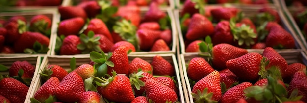 Cestas de fresas maduras en el mercado de agricultores IA generativa