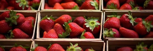 Cestas de fresas maduras en el mercado de agricultores IA generativa