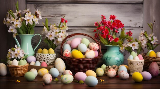 Cestas con huevos de Pascua de colores en una mesa rústica de madera antigua rodeada de Generative Ai