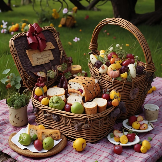 cestas de mimbre con frutas y verduras en un picnic en el jardín generativo ai