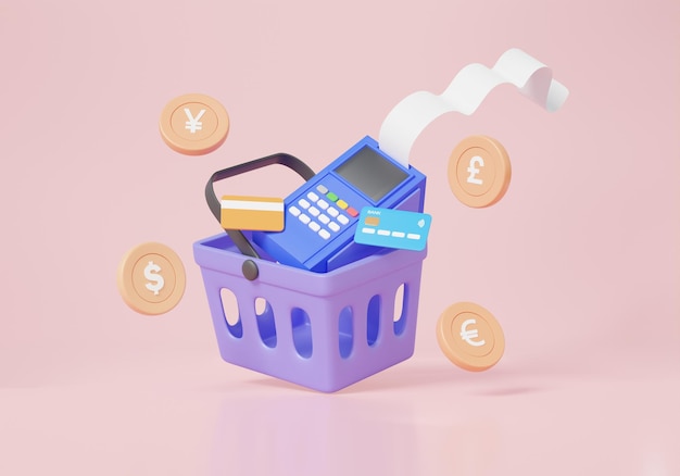 cestas pos terminal con tarjeta de crédito recibo factura pagos en línea dinero monedas moneda libra yene euro dólar transacción cajero servicio al cliente elementos de dibujos animados ilustración 3d render