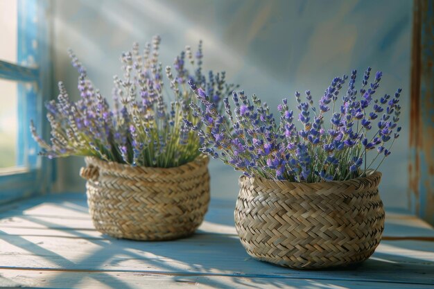 cestas tecidas com lavanda em uma mesa rústica IA generativa