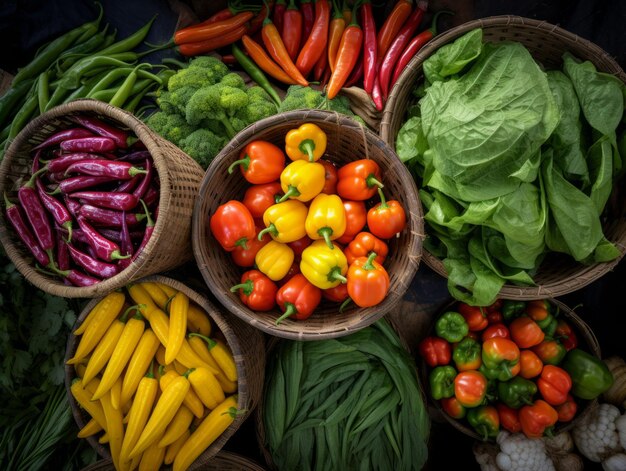 Foto cestas transbordantes de legumes frescos num mercado de agricultores