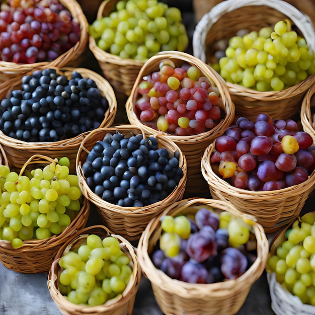 Foto cestas de uvas uvas y uvas se muestran en una mesa