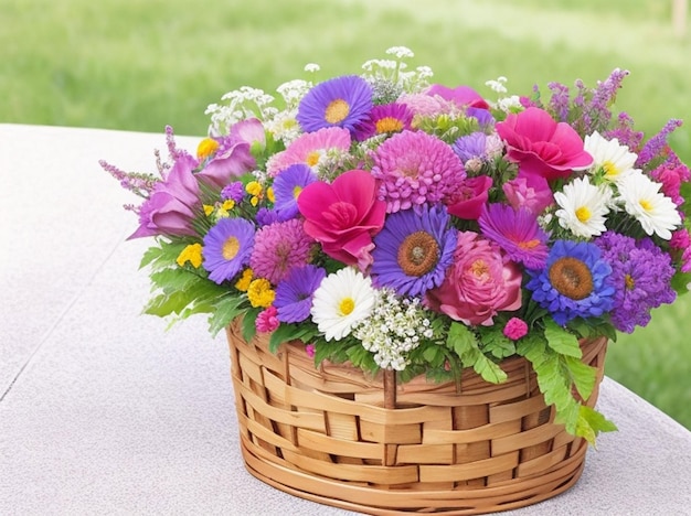 Foto cestinha de flores coloridas e moldura de fotos de flores