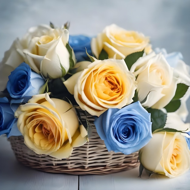 Cesto branco com rosas amarelas e azuis em fundo branco