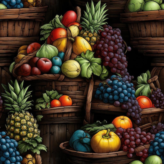 Cesto cheio de fundo de várias frutas em azulejos pretos